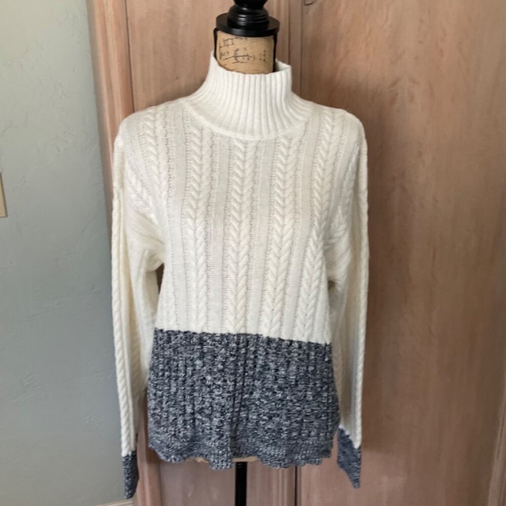 Splendid color block cotton turtleneck sweater ivory gray cable knit fisherman L